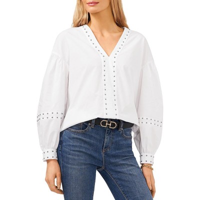 Женская белая блузка-пуловер с V-образным вырезом и заклепками от Vince Camuto, XS BHFO 4157