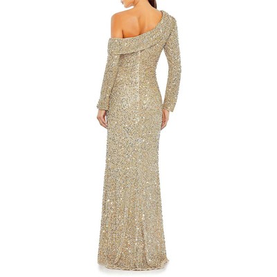 Pre-owned Mac Duggal Womens Sequined Maxi Special Occasion Evening Dress Bhfo 4589 In Shimmering Gold