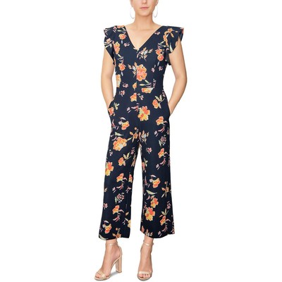 Rachel Rachel Roy Womens Navy V-Neck Cropped Ruffled Jumpsuit L BHFO 8789