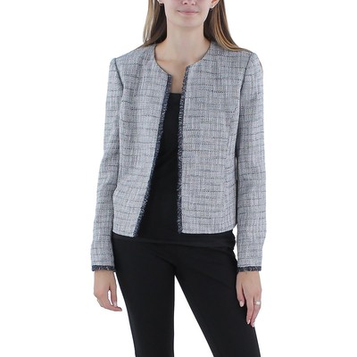 Женский блейзер Calvin Klein из темно-синего твида с металлическим принтом и открытой передней частью 2 BHFO 2137