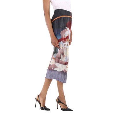 Pre-owned Burberry Ladies Multicolor Meditation Print Satin Plisse Midi Skirt