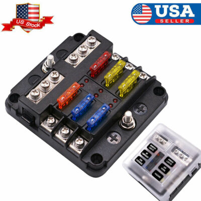 6Way Car Boot Power Distribution 12/24V Blade Fuse Holder Box Block Panel Board