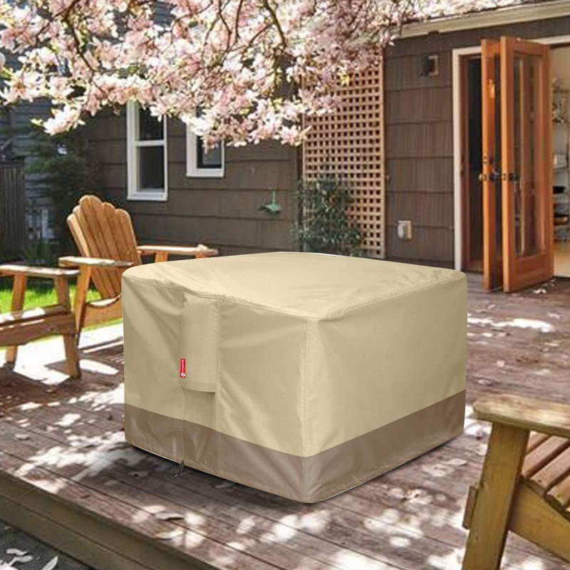 600D Heavy Duty Patio Outdoor Fire Pit Table Cover PVC Coating Beige Drawstring