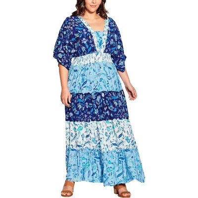 Женское синее макси-платье Avenue Womens с длинным рукавом и цветочным принтом Plus 18 BHFO 8137