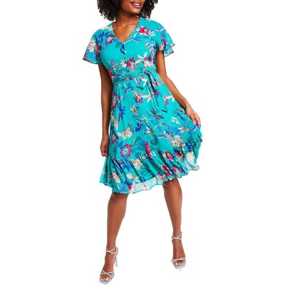 Женское зеленое платье Calvin Klein с цветочным рисунком до колена дневного покроя и расклешенными рукавами 4 BHFO 5924