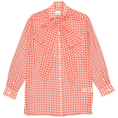 Pre-owned Burberry Gingham Silk Chiffon Pussy-bow Blouse In Multicolor