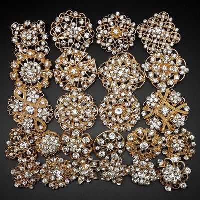 Lot 24 pc Mixed Alloy Golden Rhinestone Crystal Brooch DIY Wedding Bouquet