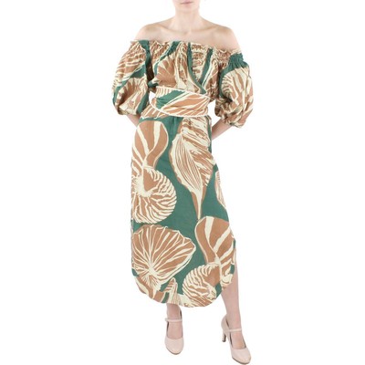 

Joanna Ortiz Женское коричневое платье миди с открытыми плечами и принтом  BHFO 8909, Brown multi