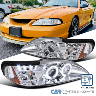 Ford 94-98 Mustang Cobra GT LED Halo Projector Headlights Lamp Chrome