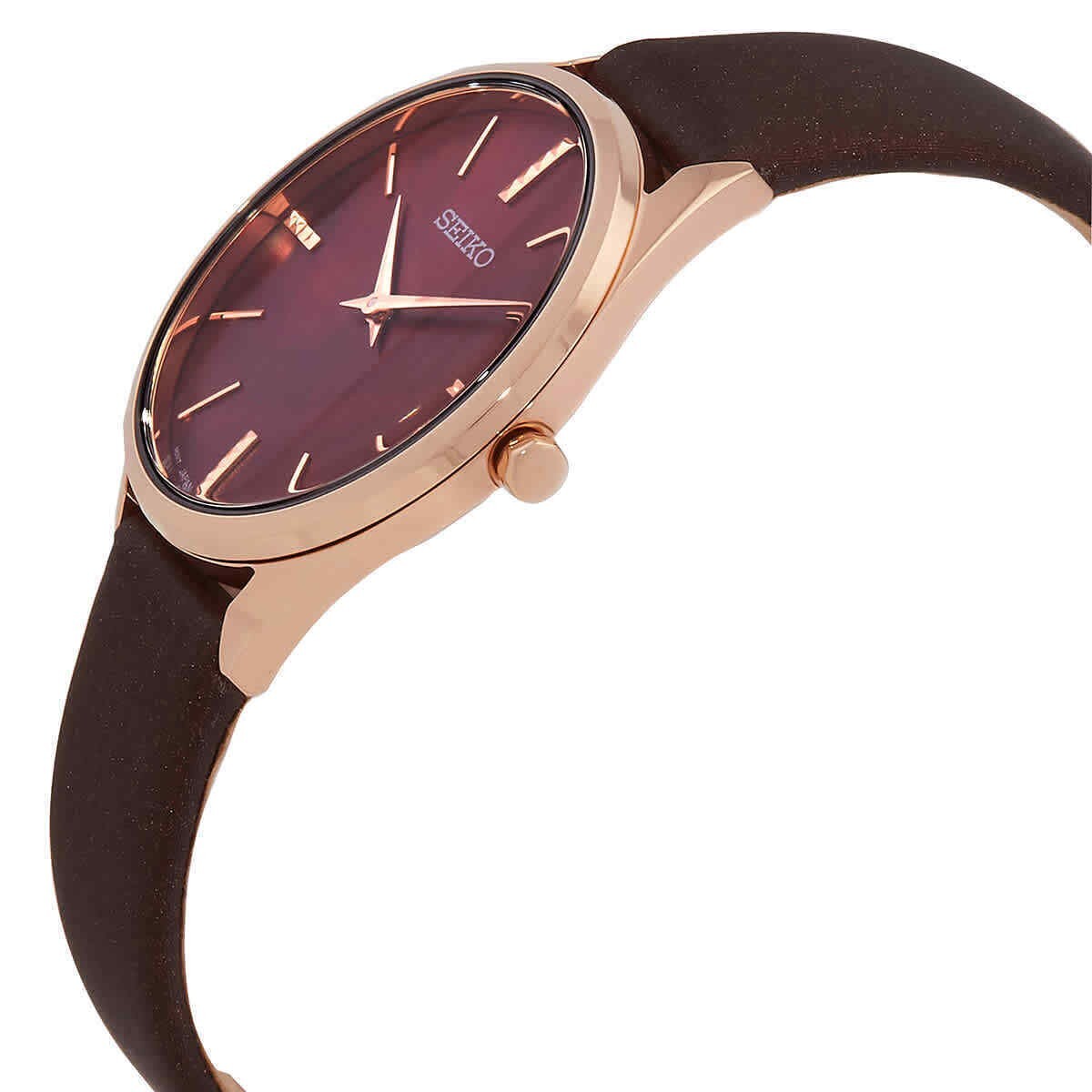 Pre-owned Seiko Swr082p1 Classic Maroon Dial Analog Brown Leather Quartz Ladies Watch