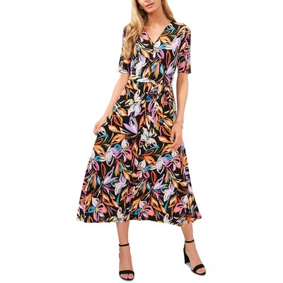 

Женское черное платье миди MSK с поясом и расклешенным принтом  BHFO 0515, Black/pastel