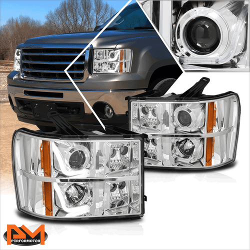 For 07-14 GMC Sierra 1500-3500 LED Halo DRL Projector Headlights Chrome/Amber