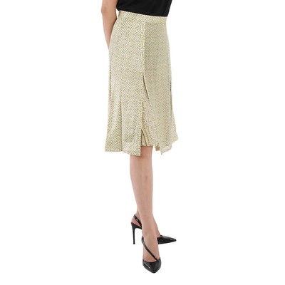 Pre-owned Burberry Ladies Monogram Print Silk Pleated Skirt In Yellow