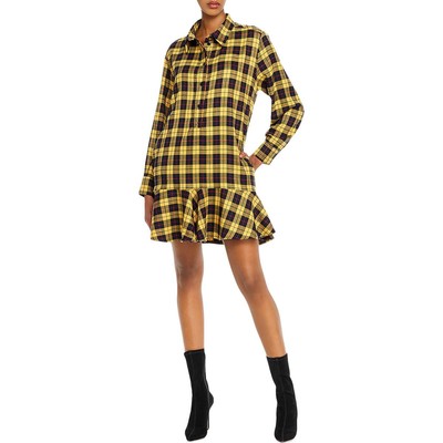 

Женское желтое клетчатое повседневное платье-рубашка с рюшами цвета морской волны  BHFO 4045, Yellow/navy