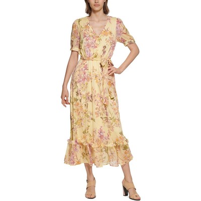 Женское желтое макси-платье чайной длины с цветочным принтом Calvin Klein 12 BHFO 0534