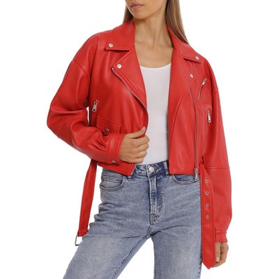 

BAGATELLE.NYC Красная женская мотоциклетная куртка из искусственной кожи с поясом  BHFO 7480, Вишня