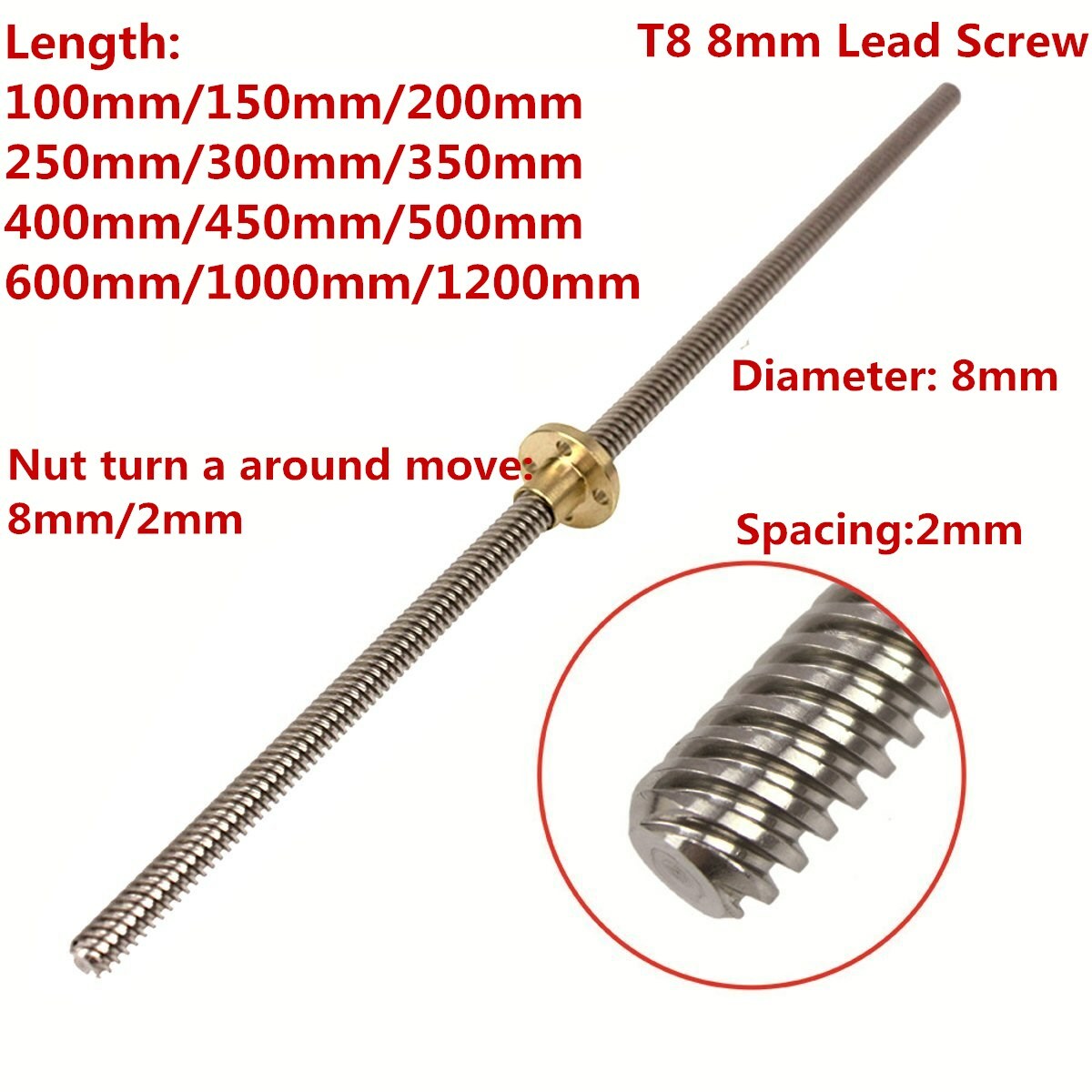 T8 8mm L100mm-1200mm Acme Thread Lead Screw and Copper Nut