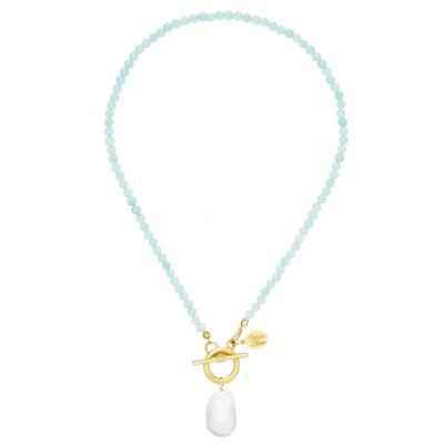 Susan Shaw Katie Necklace In Aqua Stone & Baroque Pearl Toggle 24kt TPG $128 NWT