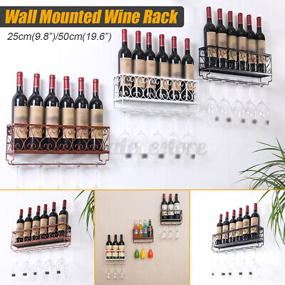 Metal Wine Rack Wall Mounted Bottle & Glass Holder Storage Shelf For Home Office