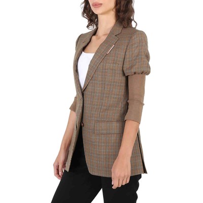 Pre-owned Burberry Ladies Fawn Knitted Sleeve Houndstooth Check Wool Tailored Jacket, In Check Description