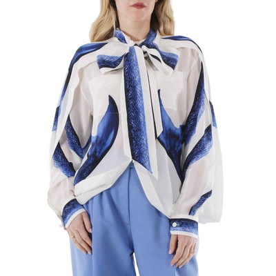 Pre-owned Burberry Ladies Mermaid Tail Print Tie-neck Cape Detail Blouse In Blue