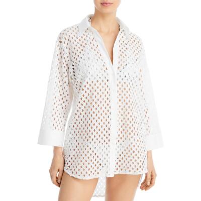Aqua Swim Womens White Eyelet Cut-out Cover-up Button-Down Top Shirt M BHFO 3056