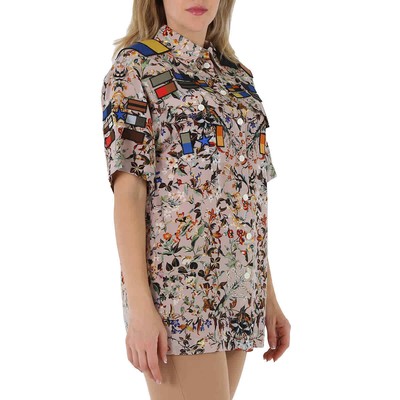 Pre-owned Burberry Badge Appliques Iris Floral-print Silk Crepe De Chine Oversized Shirt, In Beige