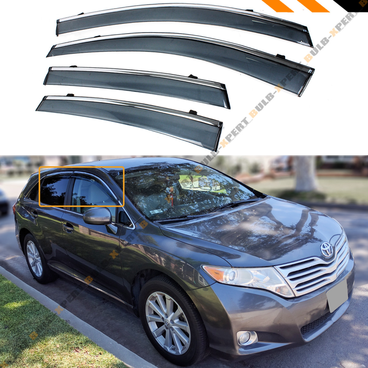 FOR 2008-2016 TOYOTA VENZA CLIP ON SMOKE TINTED SIDE WINDOW VISOR W/ CHROME TRIM