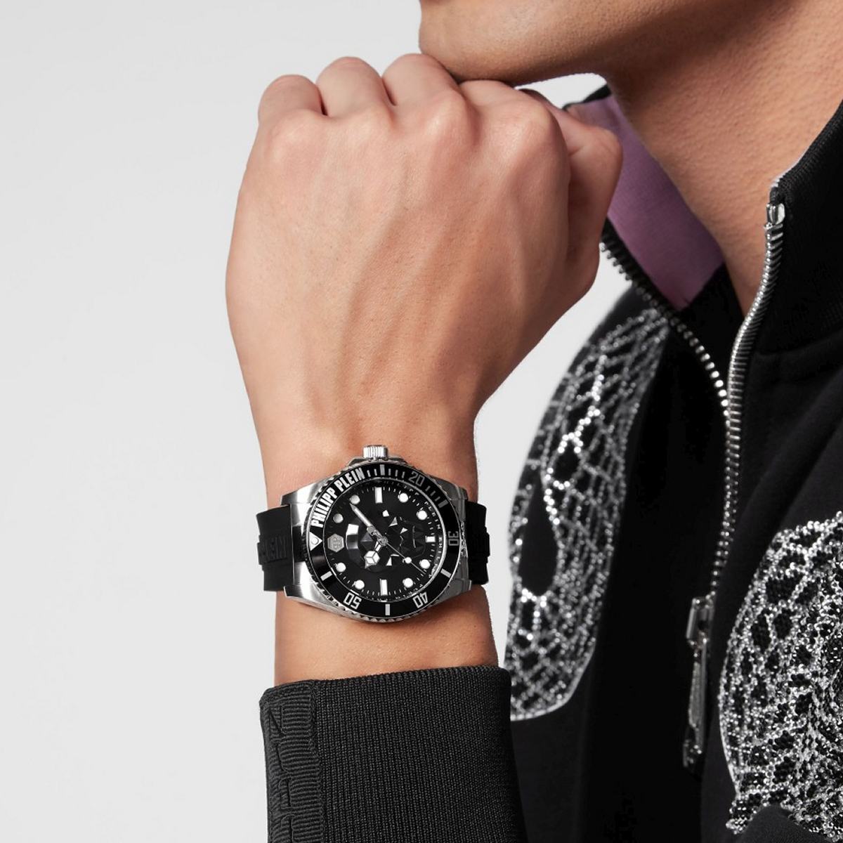 Pre-owned Philipp Plein Men's Watch Analog Quartz The $kull Diver Pwoaa0122 Silicone