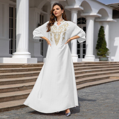 Muslim Women Islamic Dress Abaya Kaftan Dubai Maxi Gown Arab Robe 3/4 Sleeve