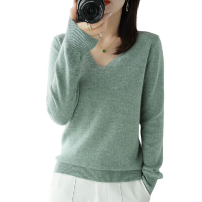 Cashmere Sweaters for Women Essential V Neck Long Sleeve Pullover Knit Top