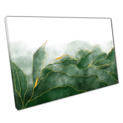 Green Paint Ink Brush Strokes Gold Veins Foliage Abstract Pattern Print Canvas