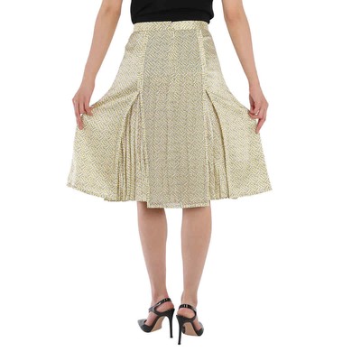 Pre-owned Burberry Ladies Monogram Print Silk Pleated Skirt In Yellow