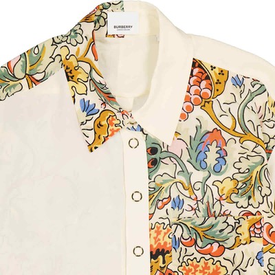 Pre-owned Burberry Ladies Vanilla Juliette Floral-print Paneled Silk Oversized Shirt, In White