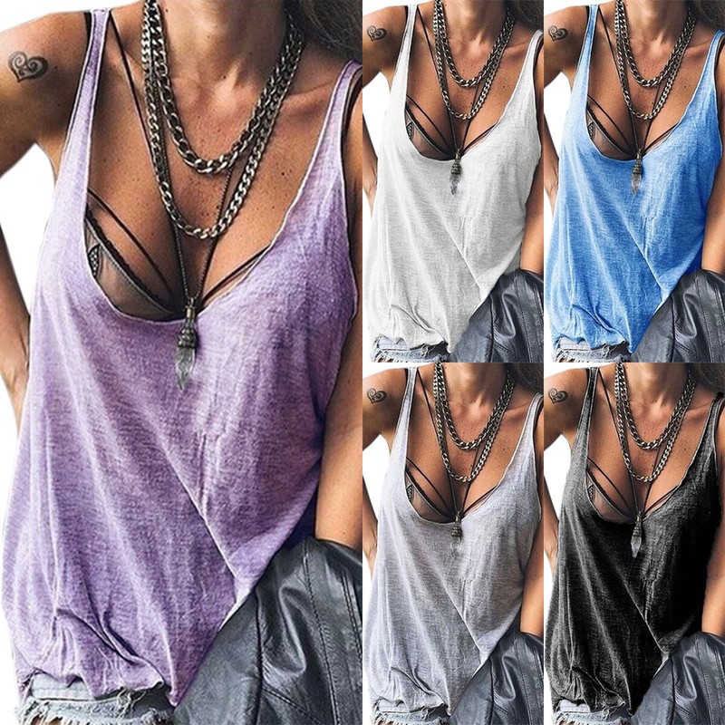 Women Low Cut Vest Tank Top Ladies Casual Loose Solid Sleeveless T Shirt Blouse