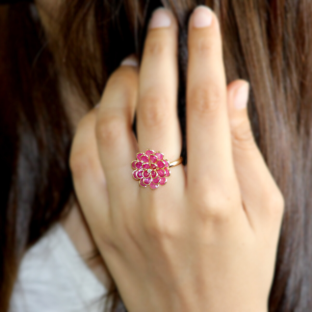 Pre-owned Archariel Natural Flower Ruby Diamond Statement Ring 14kt Solid Yellow Gol Meaniful Gift In Red