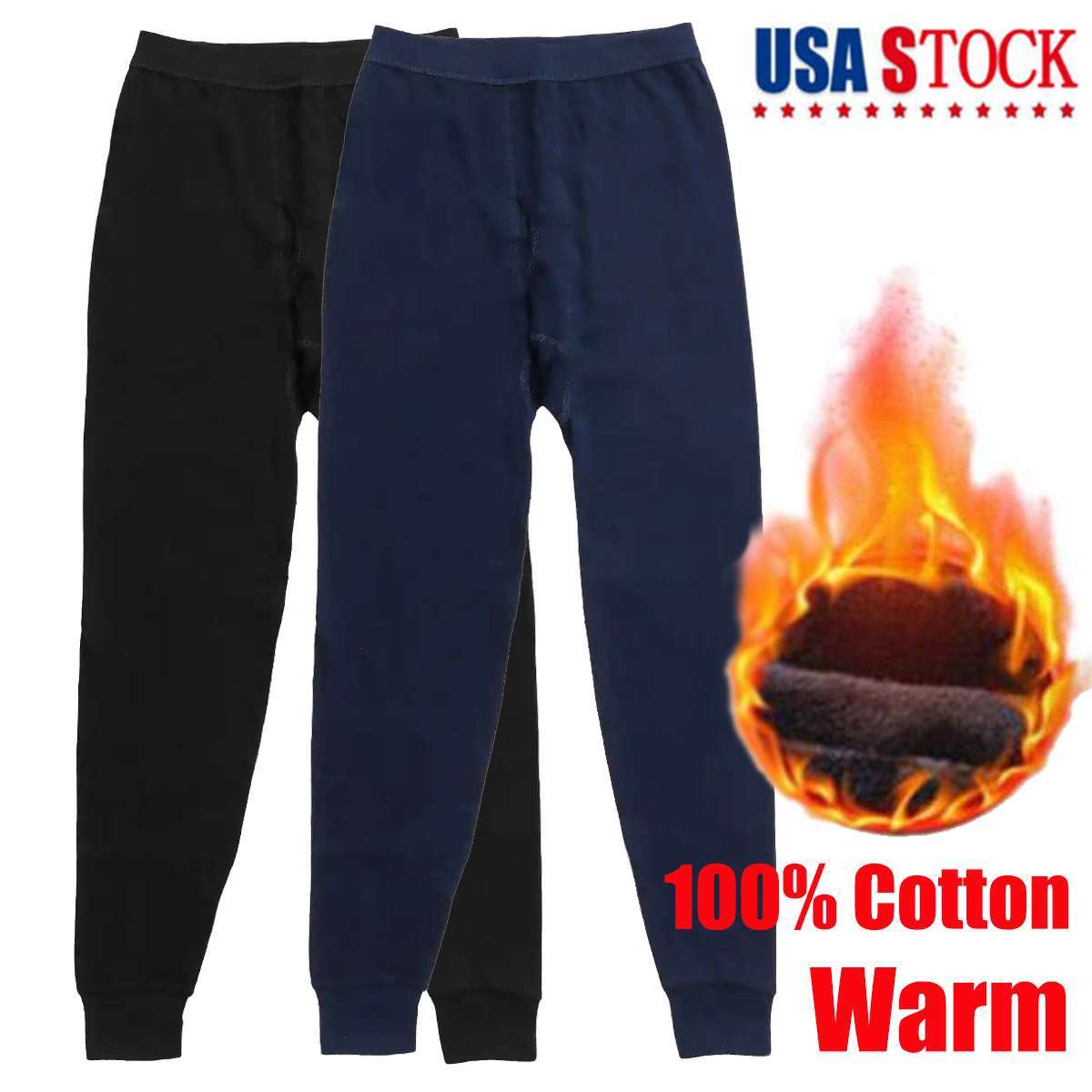 Men Winter Pants 100% Cotton Fleece Lined Thermal Long Johns Bottom Underwear