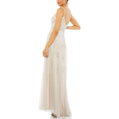 Pre-owned Mac Duggal Womens Beige Embellished Floral Evening Dress Gown 2 Bhfo 8677 In Beige Multi