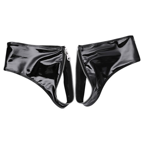 Latex Women PU Leather Brief Panties Zipper Studded Thong Underwear Clubwear