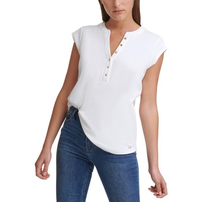 Calvin Klein Womens White Button Front Heathered Top Henley Shirt L BHFO 1734