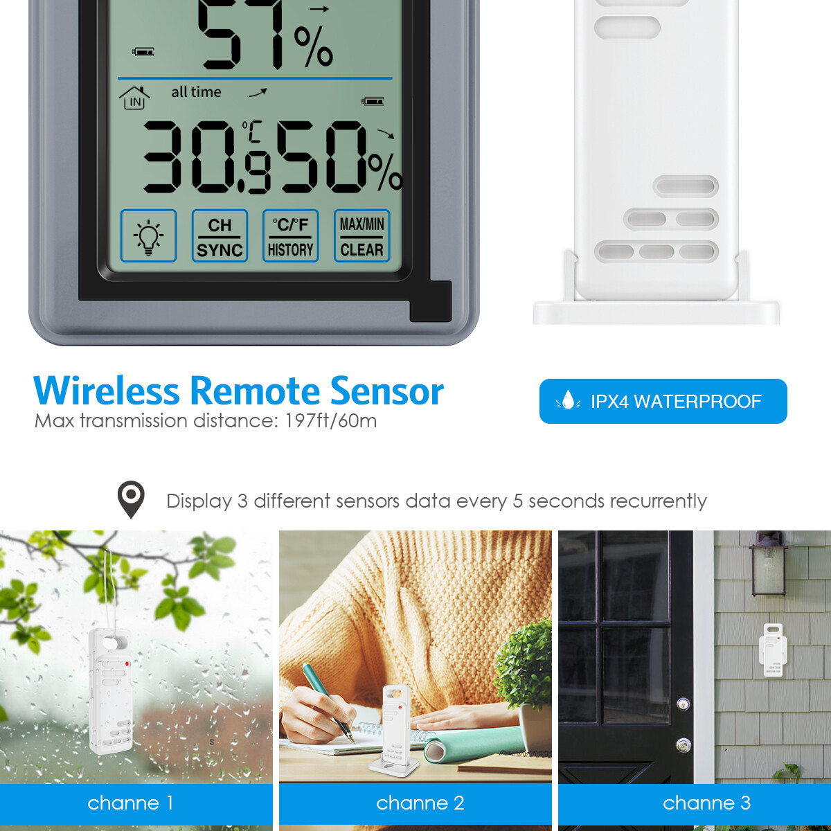 60m Digital/_LCD Thermometer Hygrometer Home Indoor Outdoor/_Temperature Humidity