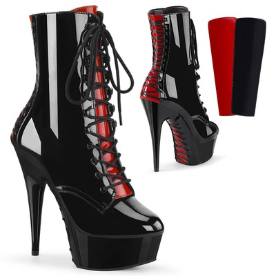 PLEASER DELIGHT-1020FH PLEASER HIGH-HEELS STIEFELETTEN SCHWARZ-ROT MIT KORSETTSCHNÜRUNG