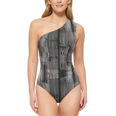 Женский черный полосатый купальник Calvin Klein с одним плечом, 14 BHFO 0513