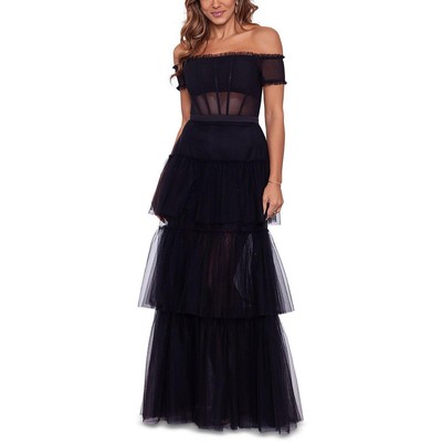 

Черное женское многоярусное вечернее платье с открытыми плечами Betsy - Adam  BHFO 6825, Черный