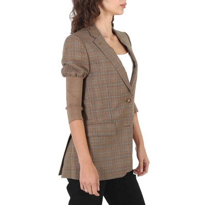 Pre-owned Burberry Ladies Fawn Knitted Sleeve Houndstooth Check Wool Tailored Jacket, In Check Description