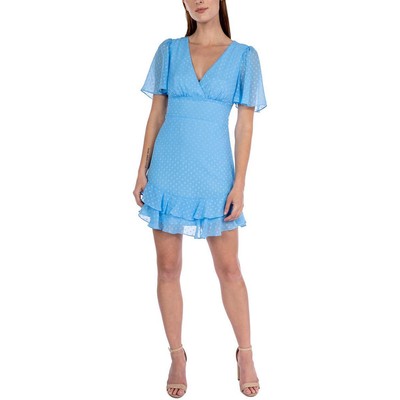 Женское синее дневное мини-платье B. Darlin с оборками и V-образным вырезом для юниорок 7/8 BHFO 5133