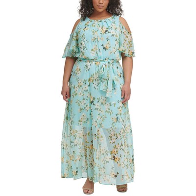 

Женское синее длинное платье макси со сборками Calvin Klein Plus  BHFO 6369, Pale aqua
