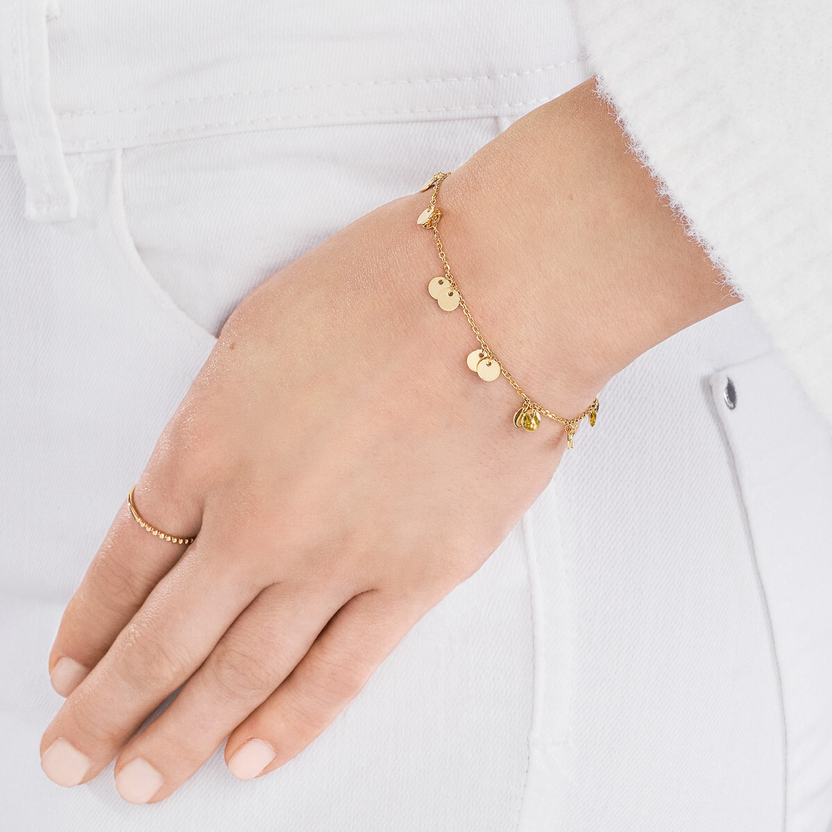アクセサリー 14K Gold Dazzle Bracelet _ Solid gold 14K Solid Yellow Gold Flat Bead Link Adjustable Bracelet 7