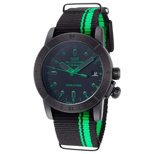 Pre-owned Glycine Airman Worldtimer Men's 42mm Swiss Made Quartz Double Black Watch Gl1041