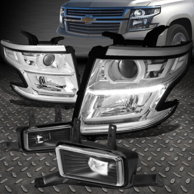 ДЛЯ 2015-2017 CHEVY TAHOE/SUBURBAN ХРОМИРОВАННАЯ ПРОЗРАЧНАЯ СВЕТОДИОДНАЯ ФАРА DRL + КОМПЛЕКТ ПРОТИВОТУМАННЫХ ФАР